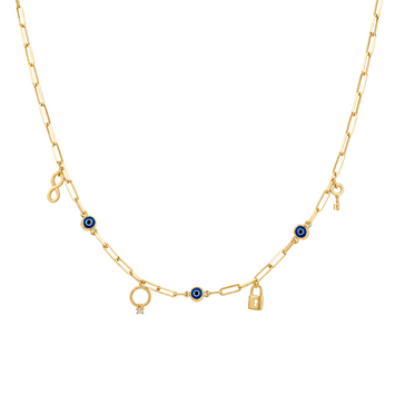 Real Gold Paper Clip Chain Evil Eye Dangler Charms Necklace (45 CM) 0087 N1376