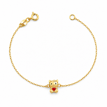 Real Gold Kitty Cat Red Heart Bracelet (19 CM) 0358 BR1931