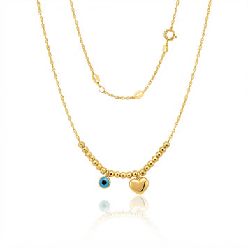Real Gold Evil Eye Heart Charm Texture Balls Necklace (45 C.M) 1114 N1577