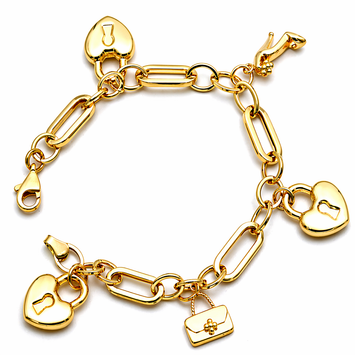 Real Gold 3D Dangler Heart Lock Charms Bracelet (17 C.M) 1309 BR1898