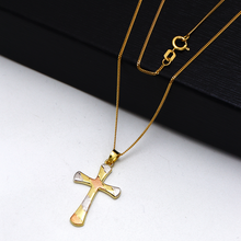 Real Gold Three-Tone Textured Plain Cross Pendant 1926/12 With Flat Carpet Chain 1153 Necklace CWP 1924