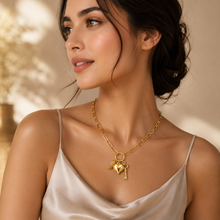 Real Gold Paper Clip Chain Necklace with 3D Heart Key and Wings Charms (45 C.M) 1404 N1422