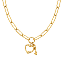 Real Gold Paper Clip Chain Necklace with 3D Heart and Key Charms (45 C.M) 1407 N1421