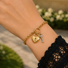 Real Gold Two-Tone Twisted Link Bracelet with Heart Lock and Key Charms (17 C.M) 1607 BR1907