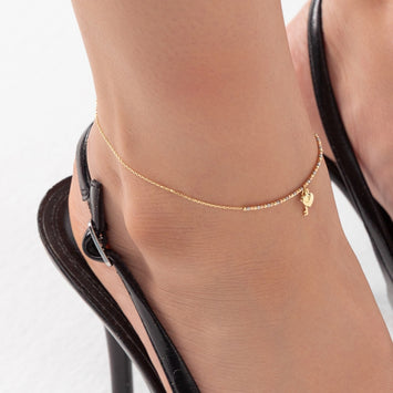 Real Gold 3 Color Beads Balls 1.5 MM Chain with Hanging Heart & Key Adjustable Size Anklet 0475 (25 C.M) A1341