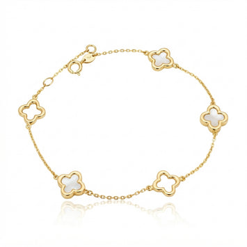 Real Gold Two Mother of Pearl and Three Openwork Clover Bracelet 2583 MOP (17+2 =19cm) BR1934