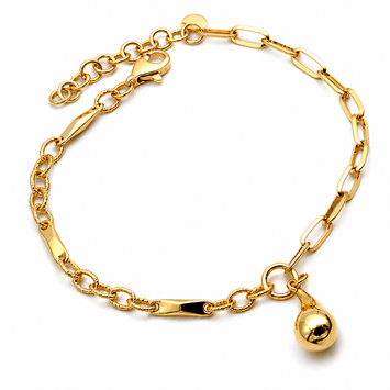 Real Gold Paper Clip Round Texture Link Plate Dangler Tear Drop Adjustable Size Bracelet 19 C.M 4078 BR1920
