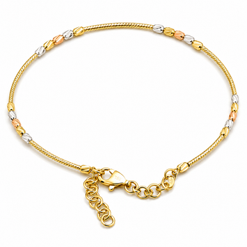 Real Gold 3-Color Beads Sleek Minimalist Elegant Design Bangle Bracelet - Adjustable Size (17 to 25) Model 4352 BR1691