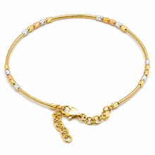 Real Gold 3-Color Beads Sleek Minimalist Elegant Design Bangle Bracelet - Adjustable Size (17 to 25) Model 4352 BR1691