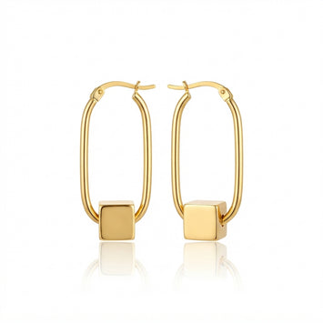 Real Gold Cube Oval Hoop Earrings Set 6102 E1991