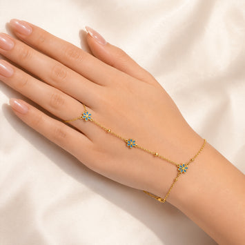 Real Gold Hand Wrist Chain Bracelet with Blue Flowers and Beads - Model 8308 BR1699