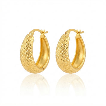 Real Gold Diamond Cut Wide Oval Hoop Earrings Set 8917 E1989