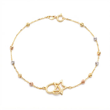 Real Gold Three Color Beaded 3D Star and Heart Bracelet 9208 (19 C.M) BR1936
