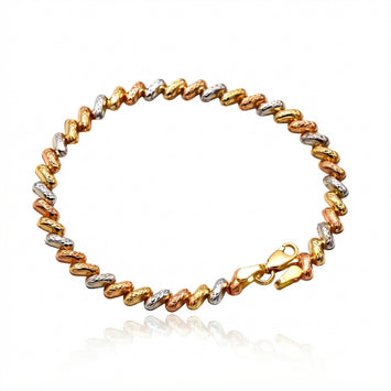 Real Gold Tri-Color Reversible Textured Bead Bracelet (19 C.M) 9634/5 BR1943