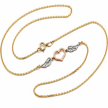 Real Gold 3 Color Heart with Wings Chain Necklace (40 C.M) 1600 N1551
