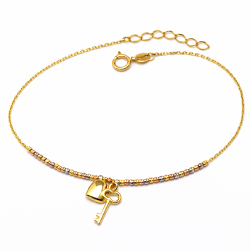 Real Gold 3 Color Beads Balls 1.5 MM Chain with Hanging Heart & Key Adjustable Size Bracelet 0475 (19 C.M) BR1795