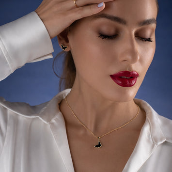 Real Gold Butterfly Black Pearl Pendant With Earring Set And Hollow Rolo Chain 5724 GZJVN 0115 SET1060