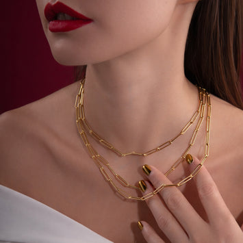 Real Gold Long Round Paper Clip Chain Necklace Link Length 1.7 C.M 9482 (50 C.M) CH1232