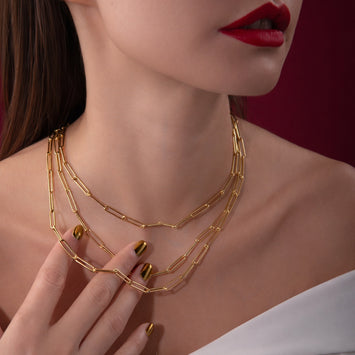 Real Gold Long Round Paper Clip Chain Necklace Link Length 1.7 C.M 9482 (40 C.M) CH1234