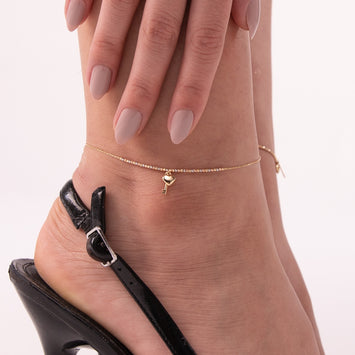 Real Gold 3 Color Beads Balls 1.5 MM Chain with Hanging Heart & Key Adjustable Size Anklet 0475 (25 C.M) A1341