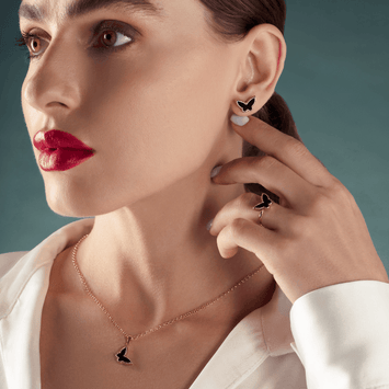 Real Gold Butterfly Black Pearl Pendant With Earring Set And Hollow Rolo Chain 5724 GZJVN 0115 SET1060