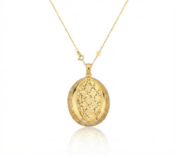Real Gold Oval Lattice Filigree Locket Necklace 0338 CWP 2044
