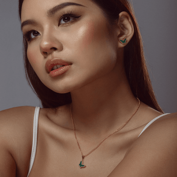 Real Gold Butterfly Green Pendant With Earring Set And Hollow Rolo Chain 5724 GZJVN 0285 SET1062
