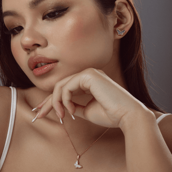 Real Gold Butterfly Pearl Pendant With Earring Set And Hollow Rolo Chain 5724 GZJVN 0115 SET1061