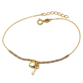 Real Gold 3 Color Beads Balls 1.5 MM Chain with Hanging Heart & Key Adjustable Size Bracelet 0475 (19 C.M) BR1795