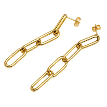 Real Gold Thick Paper Clip Link Hanging Curved Stud Earring Set 1707 E1834