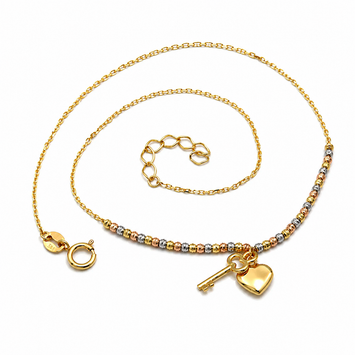 Real Gold 3 Color Beads Balls 1.5 MM Chain with Hanging Heart & Key Adjustable Size Anklet 0475 (25 C.M) A1341