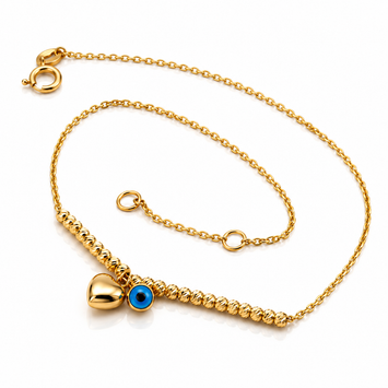 Real Gold 3D Heart Evil Eye Anklet (25 C.M) 1114 A1360