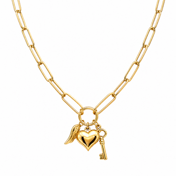 Real Gold Paper Clip Chain Necklace with 3D Heart Key and Wings Charms (45 C.M) 1404 N1422
