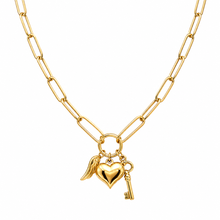 Real Gold Paper Clip Chain Necklace with 3D Heart Key and Wings Charms (40 C.M) 1404 N1450
