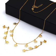 Real Gold 7 Flower Dangler Adjustable Size Choker Necklace with 3 Flower Hanging Drop Stud Earring Set - Model 6035 SET 1071