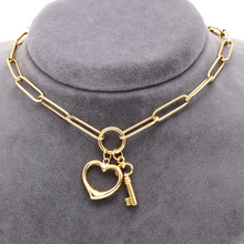 Real Gold Paper Clip Chain Necklace with 3D Heart and Key Charms 1407 N1421