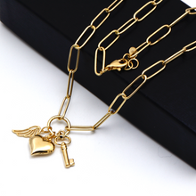 Real Gold Paper Clip Chain Necklace with 3D Heart Key and Wings Charms 1404 N1422