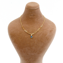 Real Gold Paper Clip Chain Evil Eye Dangler Charms Necklace 1448 N1420