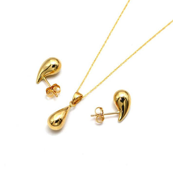 Real Gold 3D Teardrop Water Drop Earring Set 9138 with Pendant 5084 and Chain - SET1070