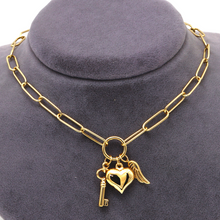 Real Gold Paper Clip Chain Necklace with 3D Heart Key and Wings Charms 1404 N1422