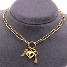 قلادة سلسلة مشبك ورقي من الذهب الحقيقي مع مفتاح قلب ثلاثي الأبعاد وجناح N1422 1404