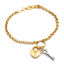 Real Gold Two-Tone Twisted Link Bracelet with Heart Lock and Key Charms 1607 BR1651