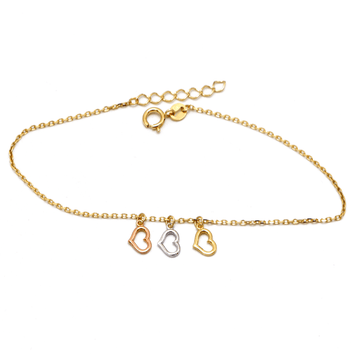 Real Gold Luxury 3-Color 3-Heart Dangler Charm Bracelet (19 C.M) - Model 8410 BR1671